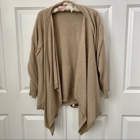 DKNY Cardigan Sweater S-Small 💯 Cashmere Tan Draped Open Front - Picture 2 of 4